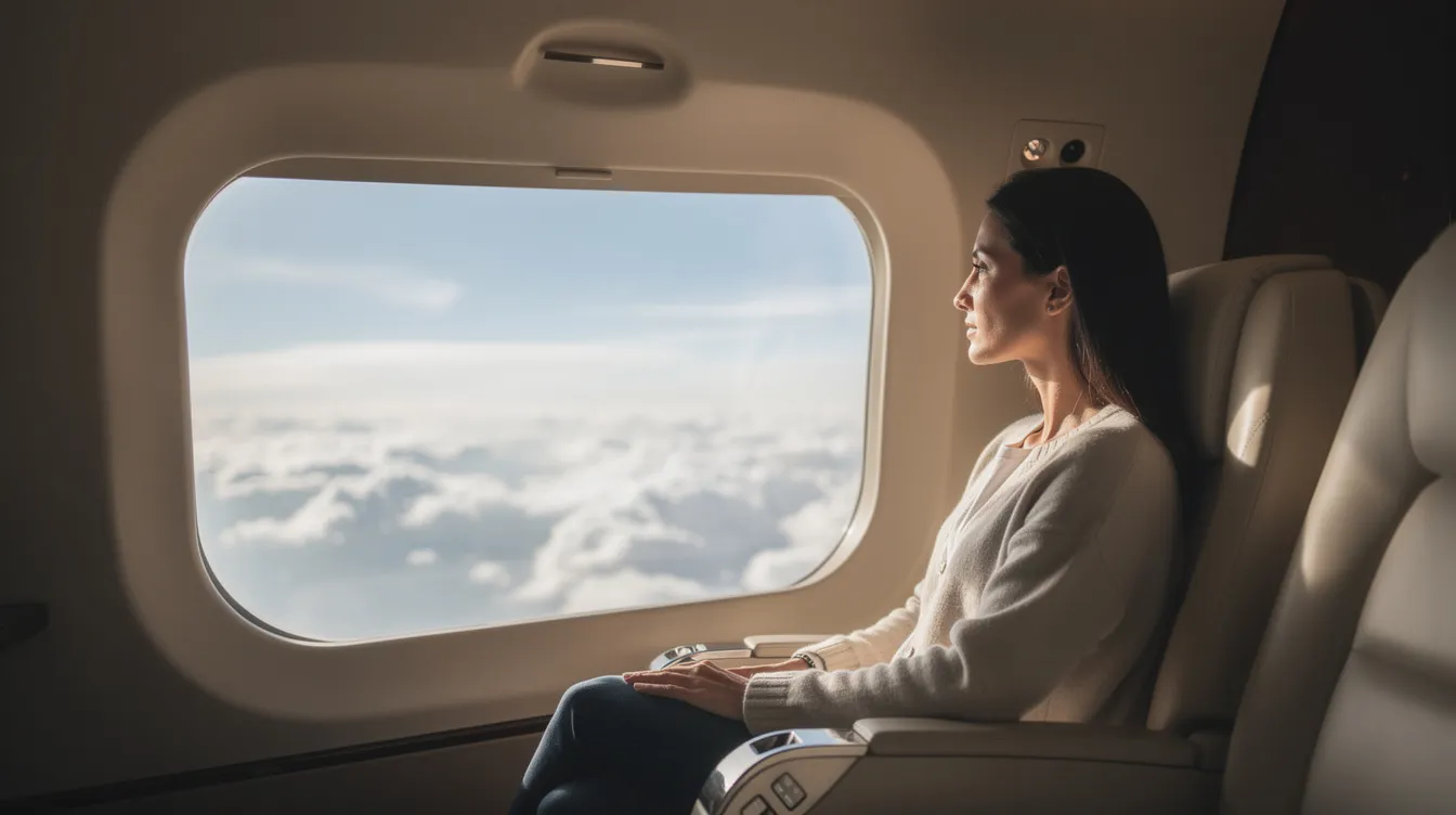 A calm passenger gazes out of a private jet window, observing fluffy clouds below, embodying the serene experience of private aviation. This moment reflects the benefits of flying privately, such as guaranteed access and the luxurious comfort associated with private jet travel.