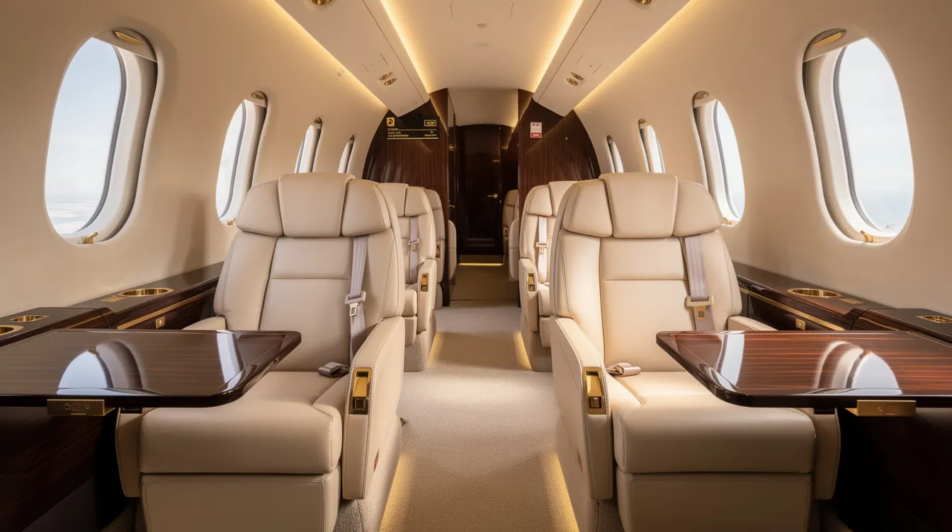 The image depicts a luxurious private jet cabin interior featuring plush leather seats, elegant lighting, and a spacious layout, embodying the ultimate private aviation experience. This opulent setting highlights the comfort and sophistication associated with private jet travel, whether through charter flights, jet card programs, or fractional ownership options.