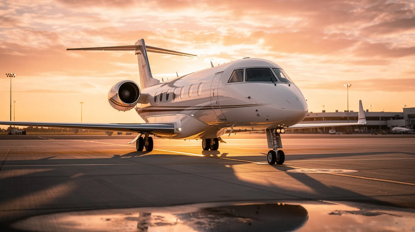 A modern private jet is parked on the airport tarmac, bathed in the warm hues of a sunset. This scene captures the essence of private aviation, highlighting the luxurious experience of flying privately, whether through private jet charters or fractional ownership programs.