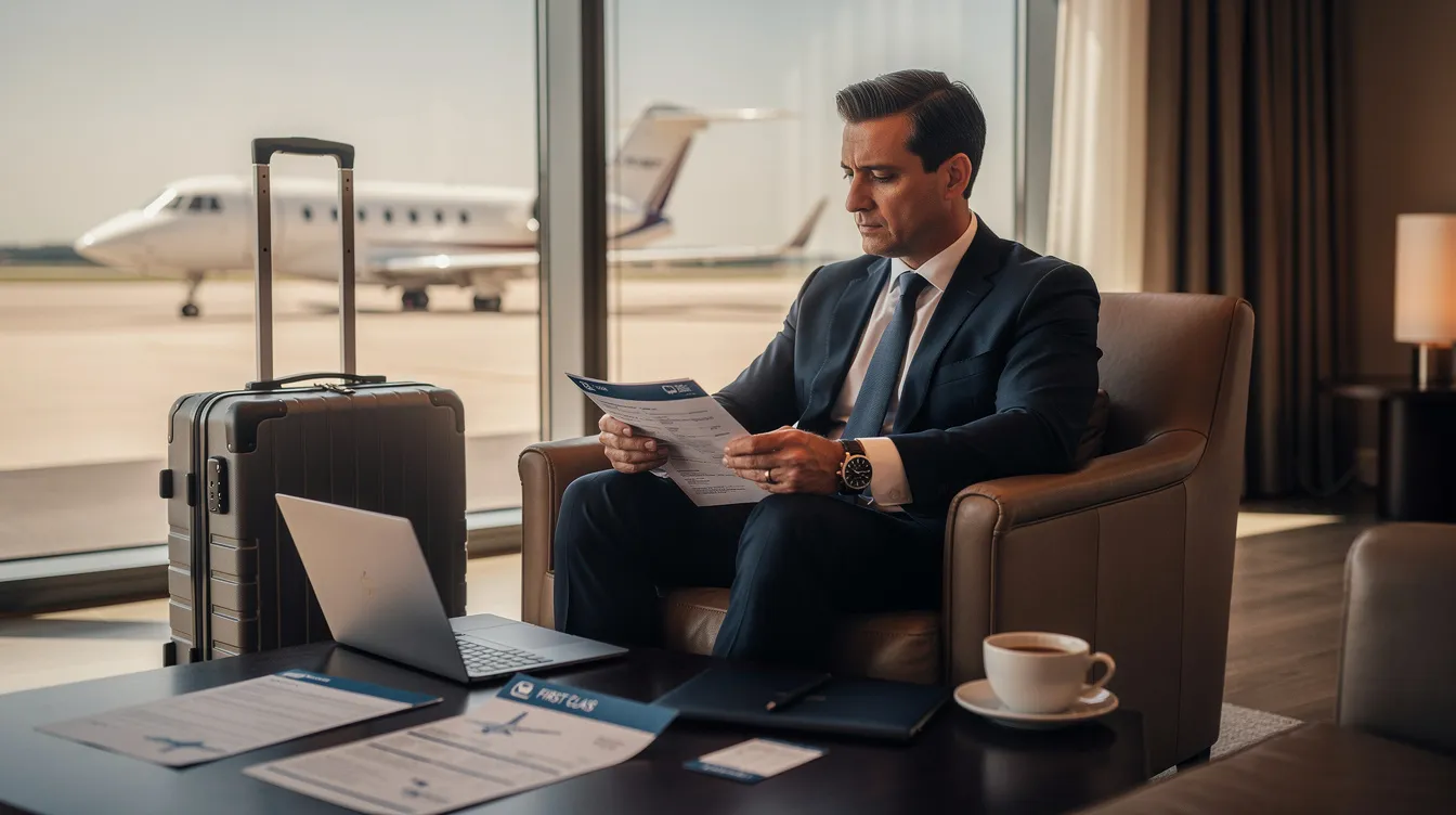 An executive is seated in a private terminal lounge, intently reviewing flight documents related to private jet travel. The setting suggests a focus on fractional ownership programs and jet card options, emphasizing the convenience and benefits of private aviation for frequent flyers.