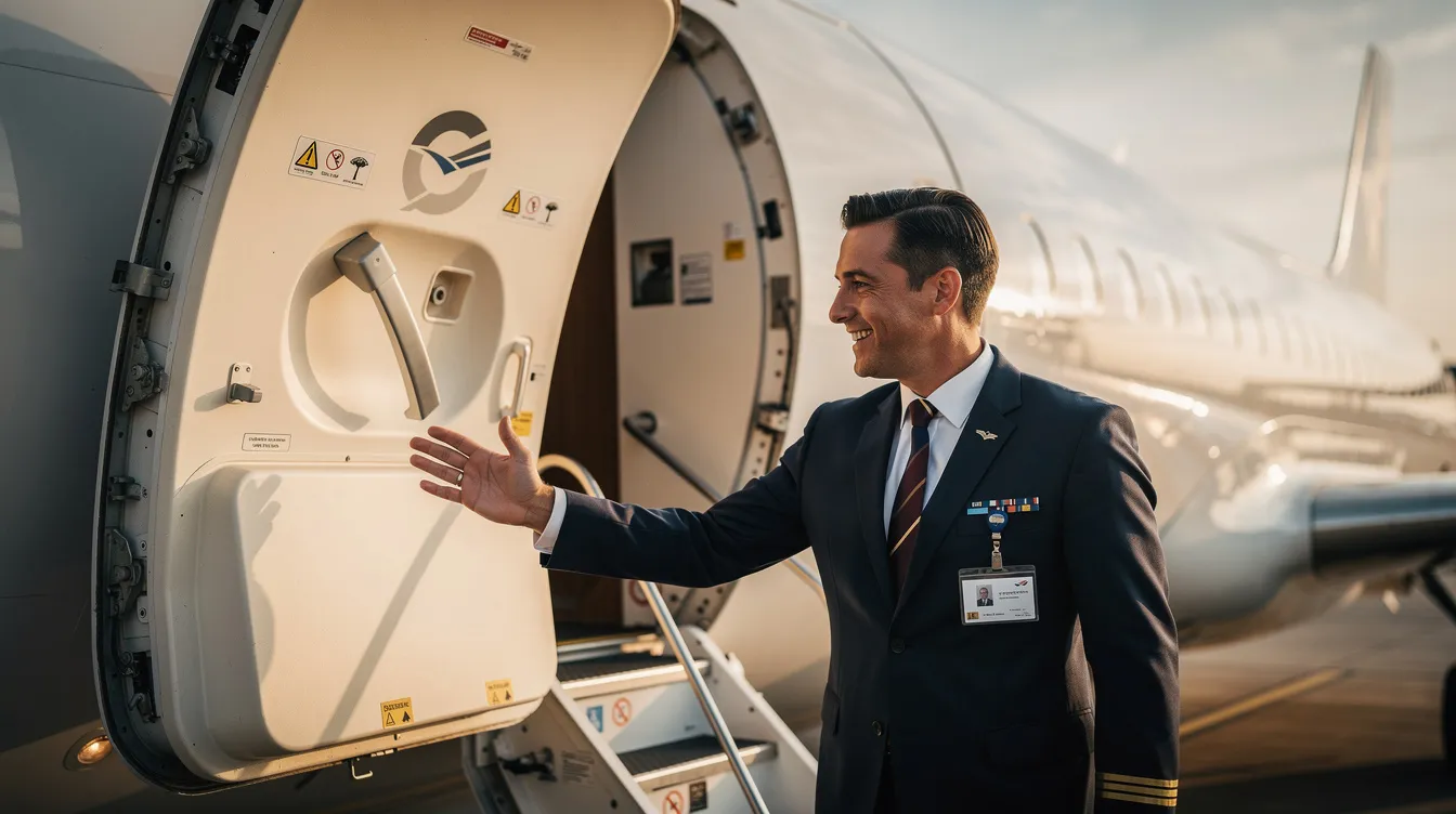 A flight crew member stands at the aircraft door, warmly welcoming passengers as they board a private jet, emphasizing the personalized service that is a hallmark of private aviation. This scene highlights the commitment to ensuring a seamless travel experience, which is a key feature of many jet card programs.