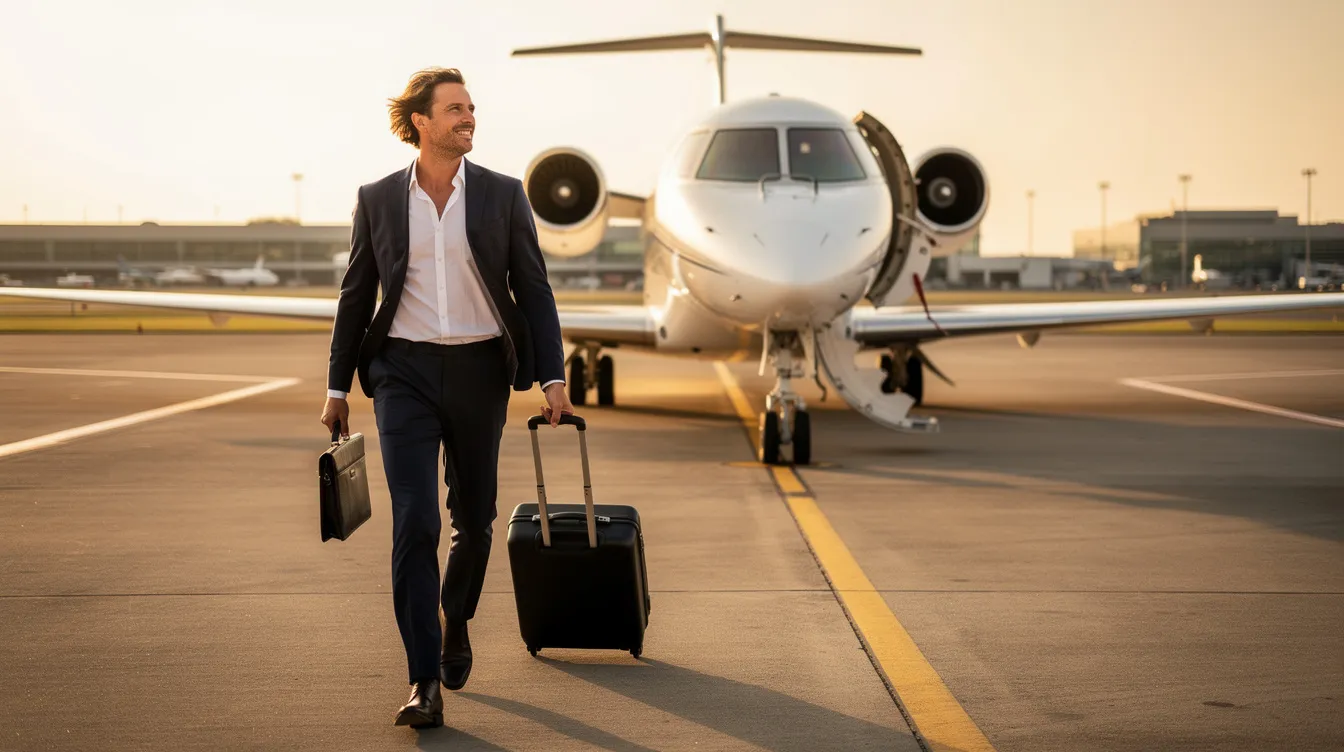 A business traveler strides confidently toward a sleek private jet on the airport tarmac, embodying the convenience and luxury of private aviation. This scene highlights the benefits of jet card programs, offering guaranteed availability and fixed hourly rates for frequent international travelers.