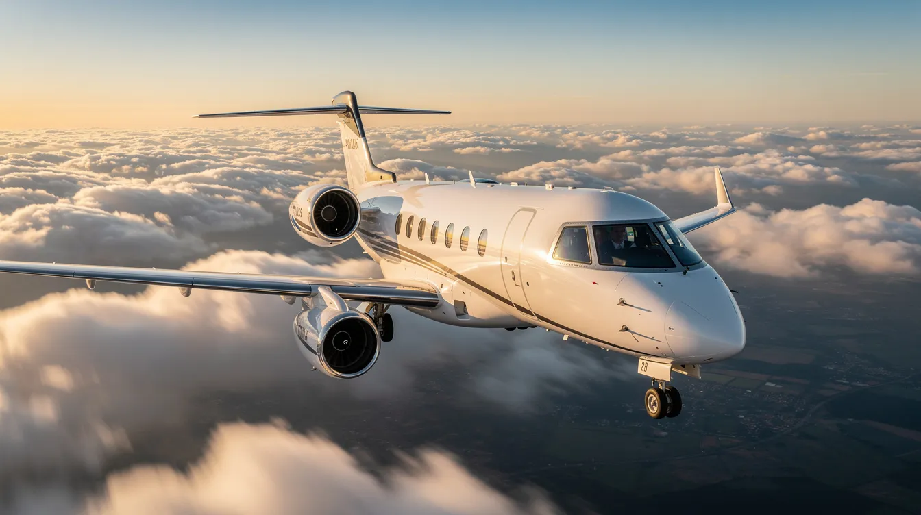 A private jet is soaring through a clear blue sky, symbolizing the luxury of private aviation and the convenience of private flights. This image captures the essence of flying privately, highlighting the benefits of jet card programs and guaranteed availability for travelers seeking flexibility and comfort.