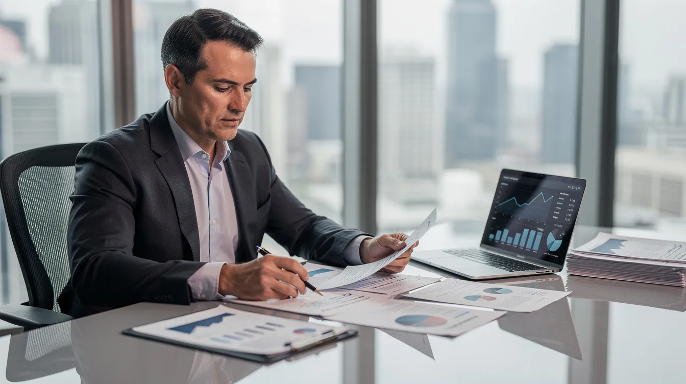 A business executive is seated at a desk, intently reviewing financial documents that likely pertain to private aviation, including jet card pricing and flight hours. The setting suggests a focus on managing costs and ensuring guaranteed availability for future flights.