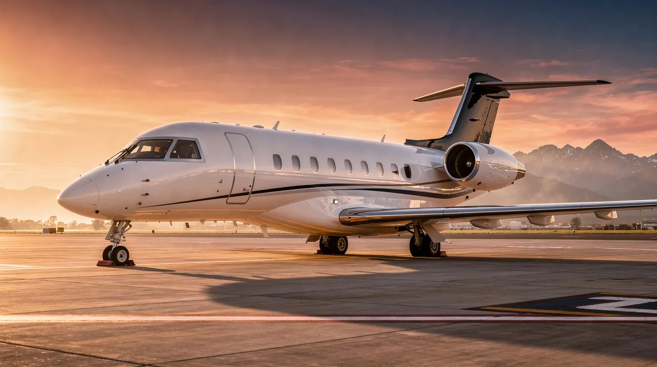 A sleek private jet is parked on an airport tarmac at sunset, with majestic mountains in the background, symbolizing the luxury and flexibility of private aviation. This scene highlights the benefits of private flights, offering clients guaranteed availability and a seamless booking process for their upcoming trips.