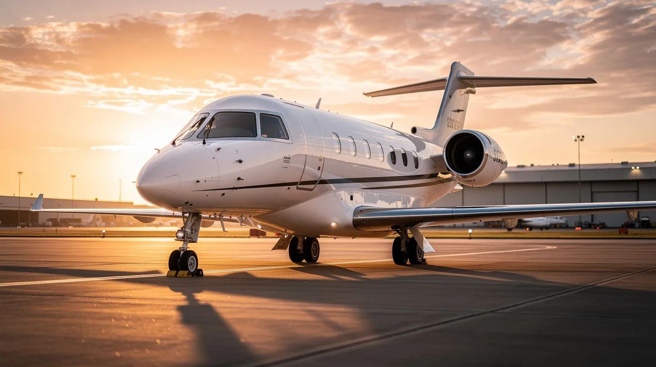 A sleek light jet is parked on an airport tarmac during golden hour, showcasing the elegance of private aviation. The warm golden hues highlight the aircraft's design, making it a perfect example of the luxury and convenience offered by private jet card programs for personalized travel experiences.
