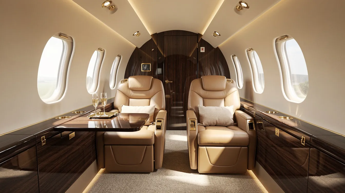 The image depicts a luxurious private jet interior featuring plush leather seats and elegant wood finishes, embodying the essence of private aviation. This opulent setting highlights the advantages of fractional jet ownership, providing an inviting atmosphere for private flyers seeking comfort and style during their travels.