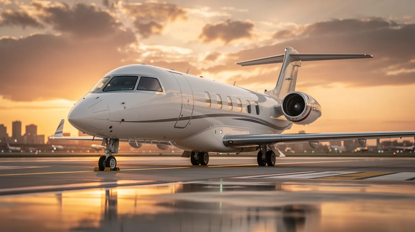 A sleek midsize private jet is parked on a tarmac, bathed in the warm hues of a sunset. This image captures the essence of private aviation, highlighting the allure of fractional jet ownership as an attractive option for those seeking luxury air travel without the full commitment of outright ownership.