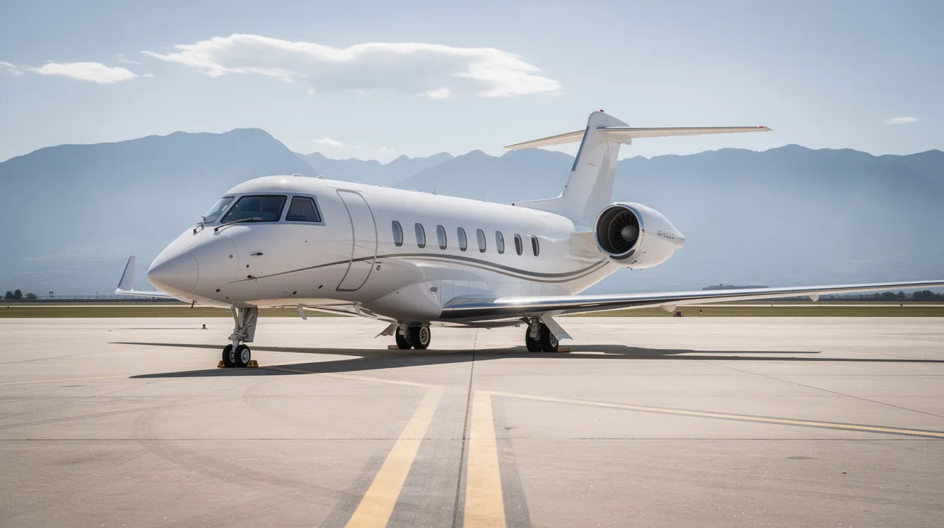 The image features a sleek white private jet parked on a sunny tarmac, with distant mountains providing a scenic backdrop. This luxurious aircraft represents the appeal of fractional jet ownership, offering a private flying experience for multiple owners.
