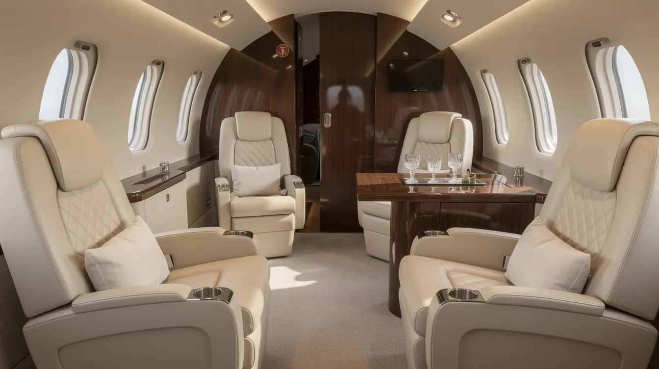 The image showcases the luxurious interior of a private jet, featuring cream leather seats and elegant wood paneling, indicative of the high standards associated with fractional jet ownership. This opulent setting highlights the comfort and exclusivity that fractional aircraft ownership offers to its owners.