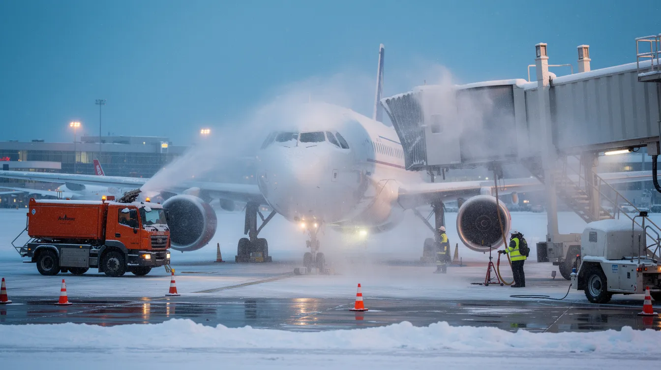 A commercial aircraft is seen undergoing a de-icing procedure on a snowy winter morning, ensuring the safety and compliance necessary for a successful flight. The ground crew works diligently to prepare the plane for takeoff, considering weather conditions that could impact air pressure and overall operation.