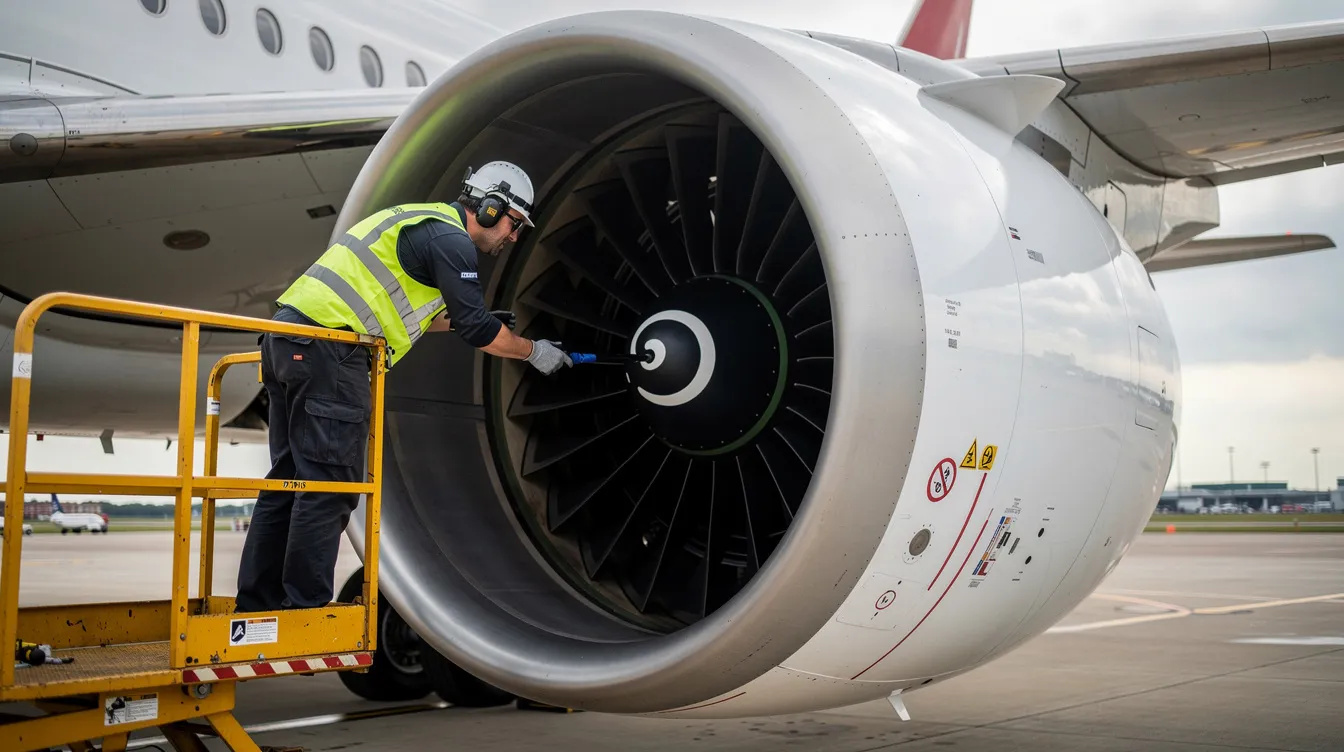 An aircraft maintenance engineer is inspecting the engine of a commercial airliner, ensuring compliance with safety regulations for safe flight. This crucial operation helps determine if the plane can fly under the current weather conditions and air pressure, ultimately affecting the flight release for passengers and cargo.