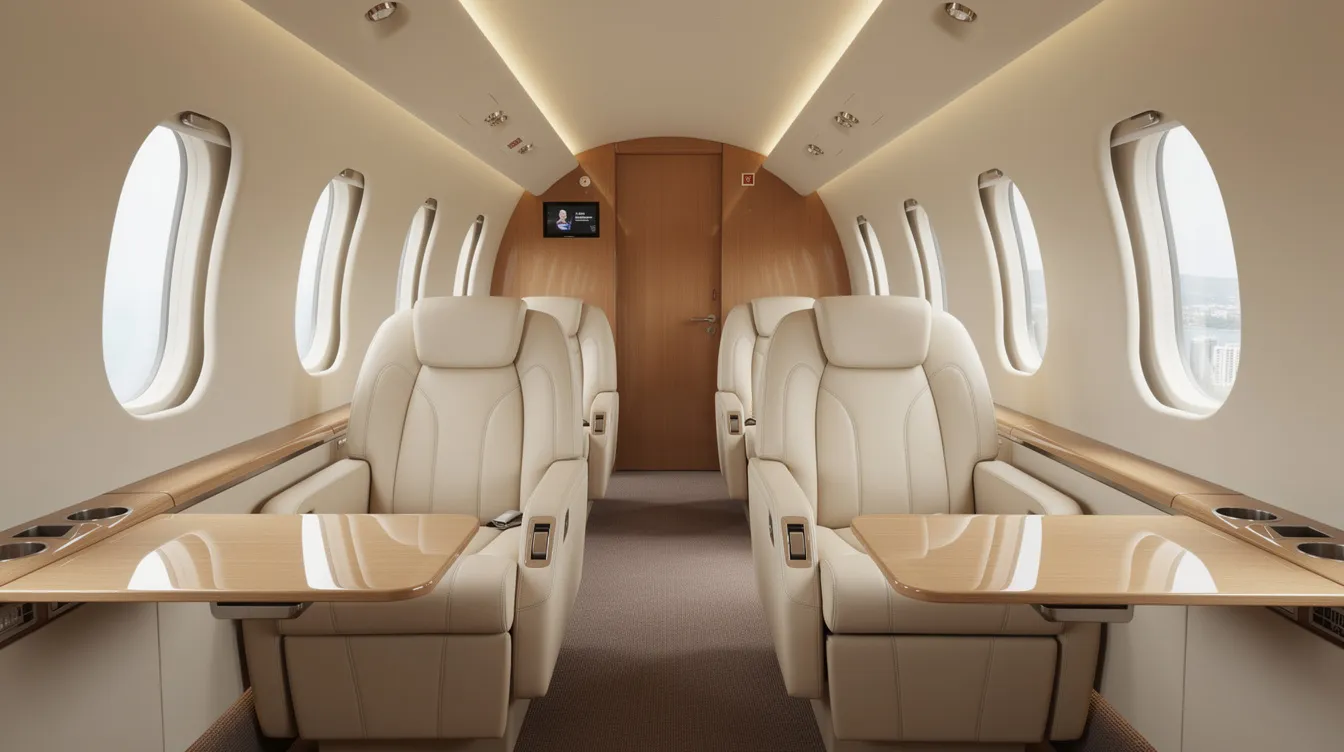 The image depicts the elegant interior of a light private jet, featuring plush cream leather seats and rich wood trim, providing a luxurious setting for private air travel. This sophisticated cabin design highlights the comfort and exclusivity of flying private, making it an appealing choice for travelers seeking a premium experience.
