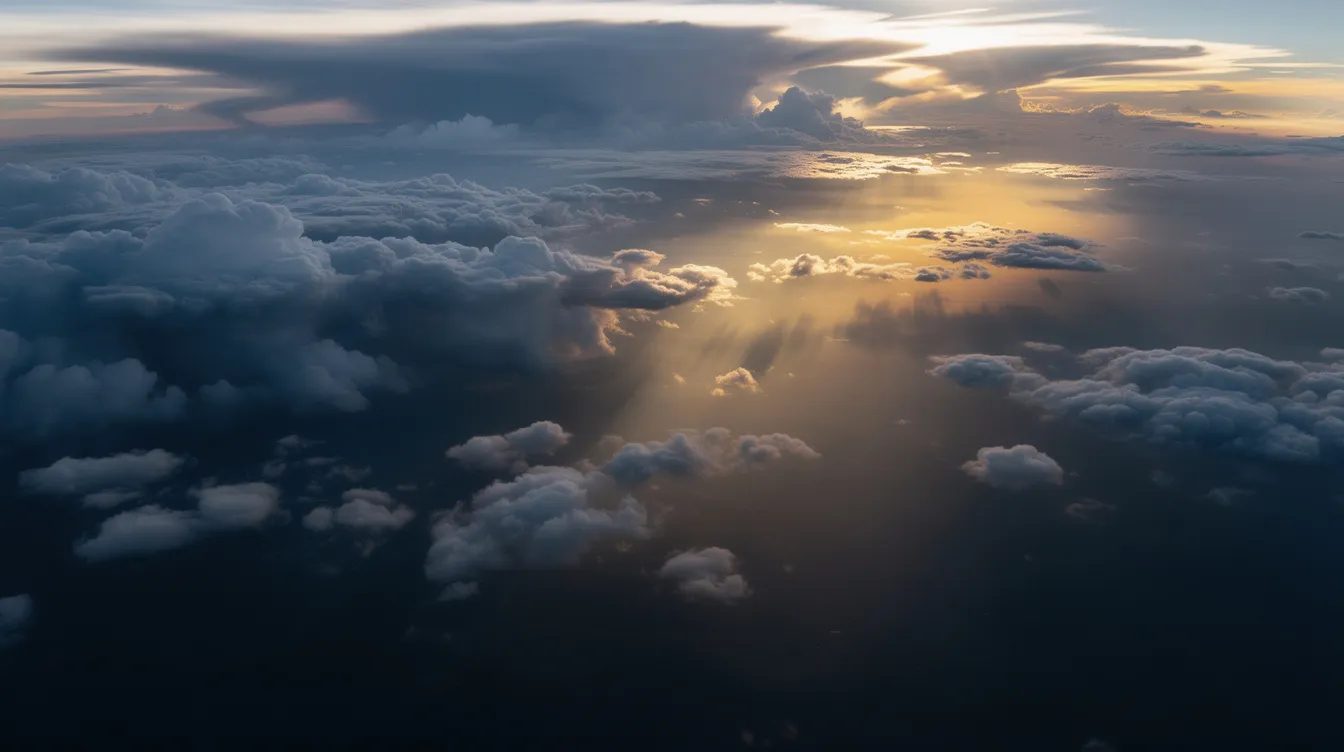 The image depicts dark storm clouds from a high altitude, with sunlight breaking through, creating a striking contrast against the ominous backdrop. This scene captures the essence of private jet travel, highlighting how flying private can offer a unique perspective and time-saving benefits compared to commercial airlines.
