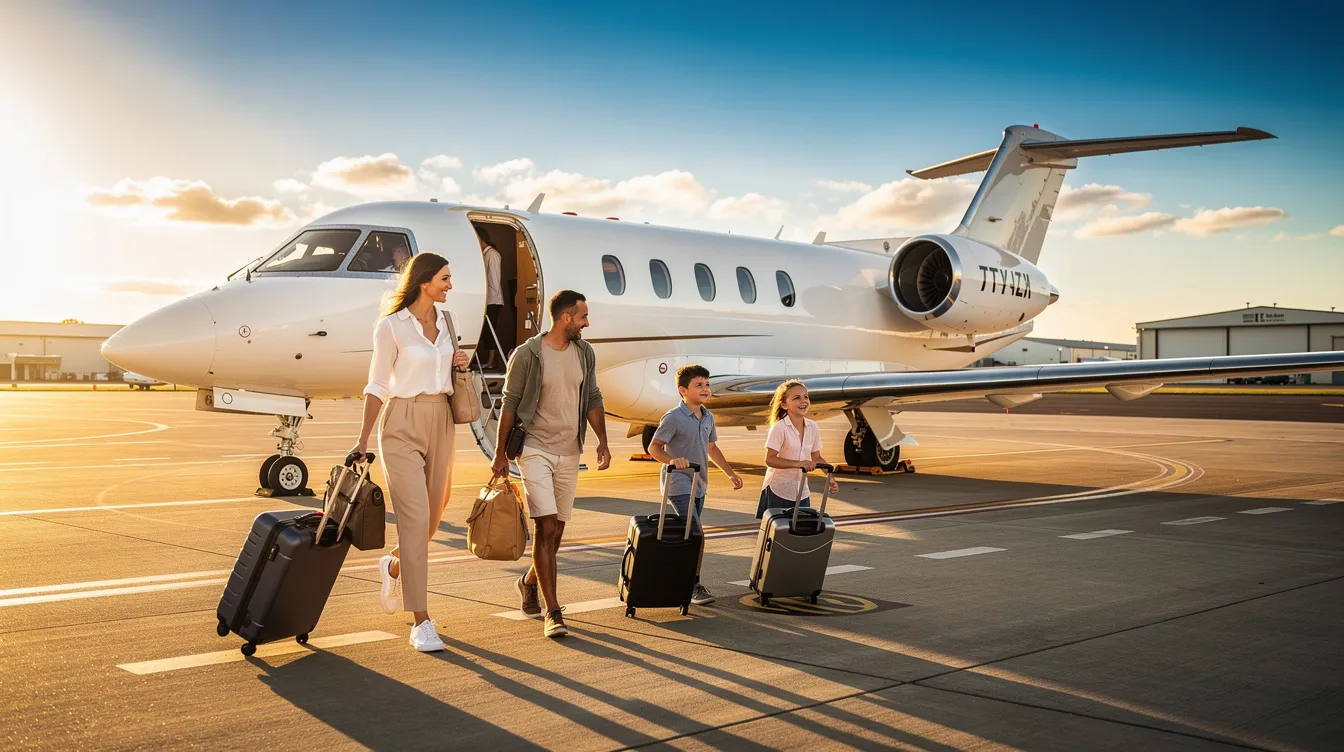 A family is seen boarding a small private aircraft on a sunny day, surrounded by their luggage. This scene captures the essence of private aviation, highlighting the convenience of on-demand charter flights for families seeking flexible travel options.