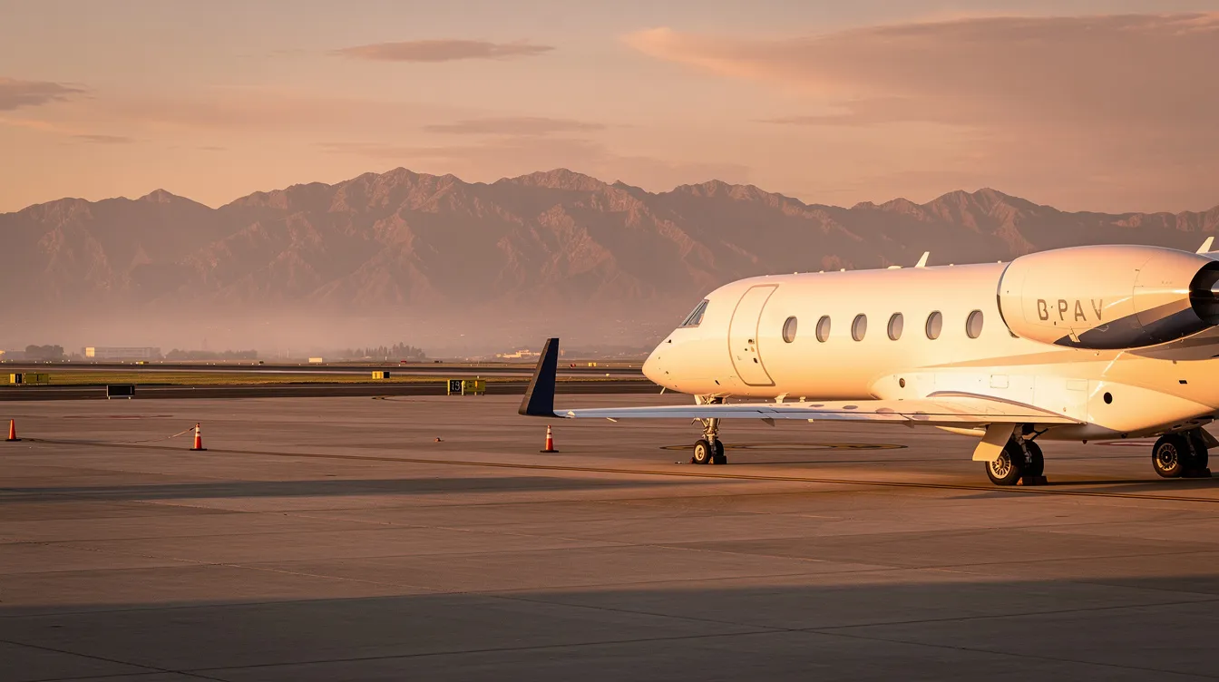 A sleek private jet is parked on the tarmac during the golden hour, with stunning mountains in the background. This scene captures the essence of private aviation, showcasing the luxury and convenience of on-demand charter flights.