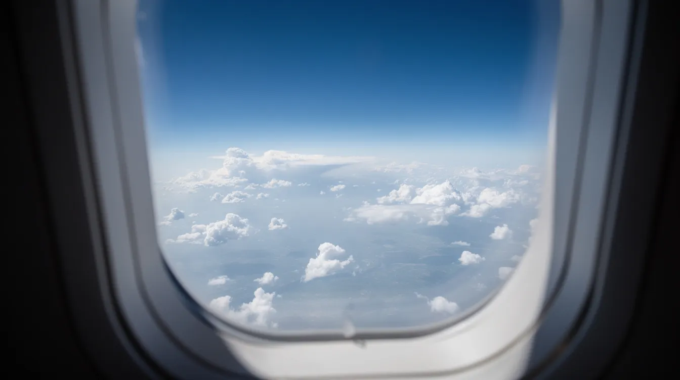 The image shows a serene view of a calm blue sky with fluffy white clouds visible through the window of an aircraft, evoking a sense of tranquility often experienced during private jet travel. This peaceful scene highlights the beauty of flying private, whether through on demand charter services or private jet card programs.