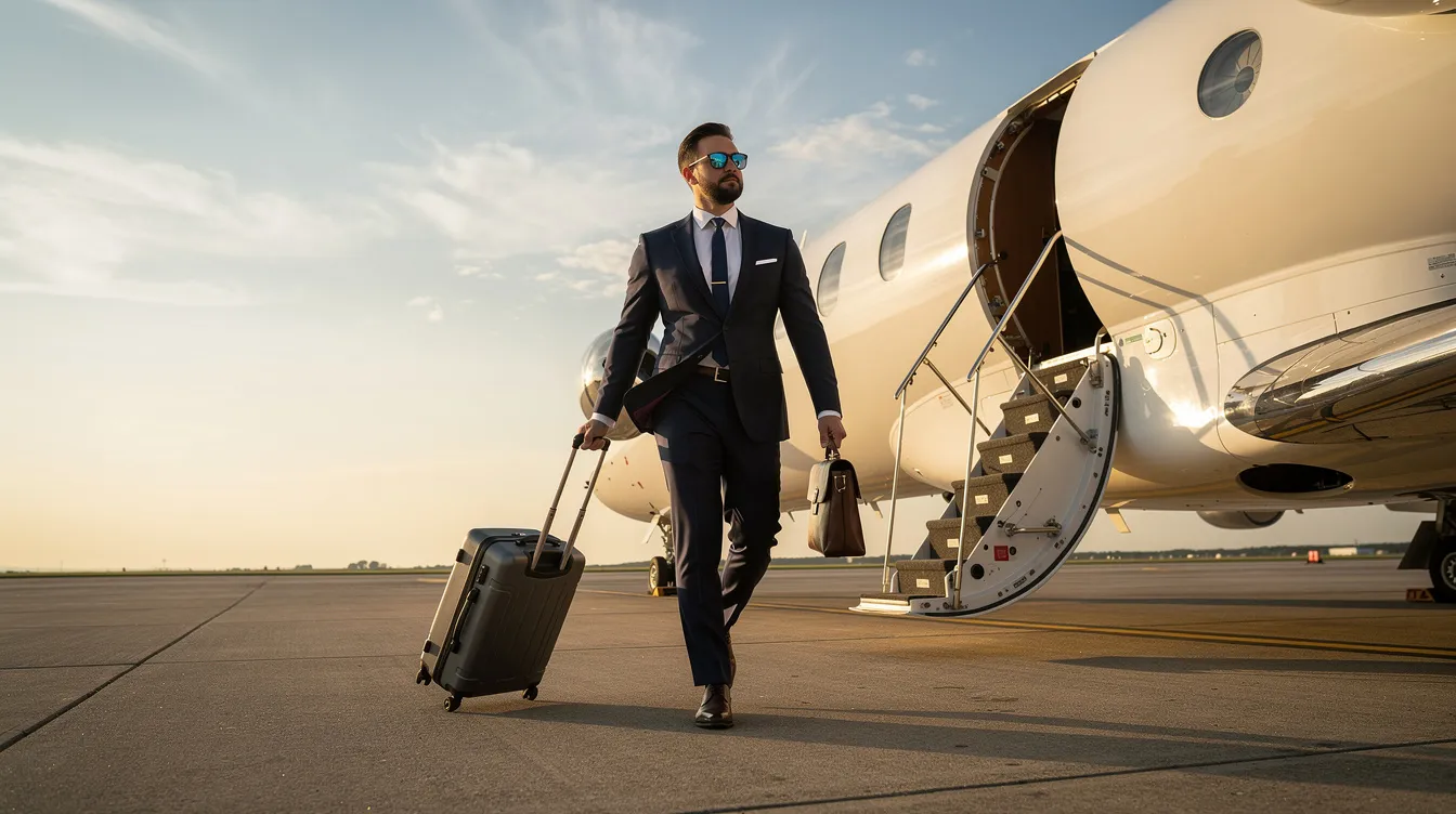 A confident business traveler in a tailored suit strides purposefully toward the stairs of a private jet, symbolizing the luxury and convenience of private aviation. This scene highlights the appeal of jet card programs and on demand charter options for those seeking efficient travel solutions.