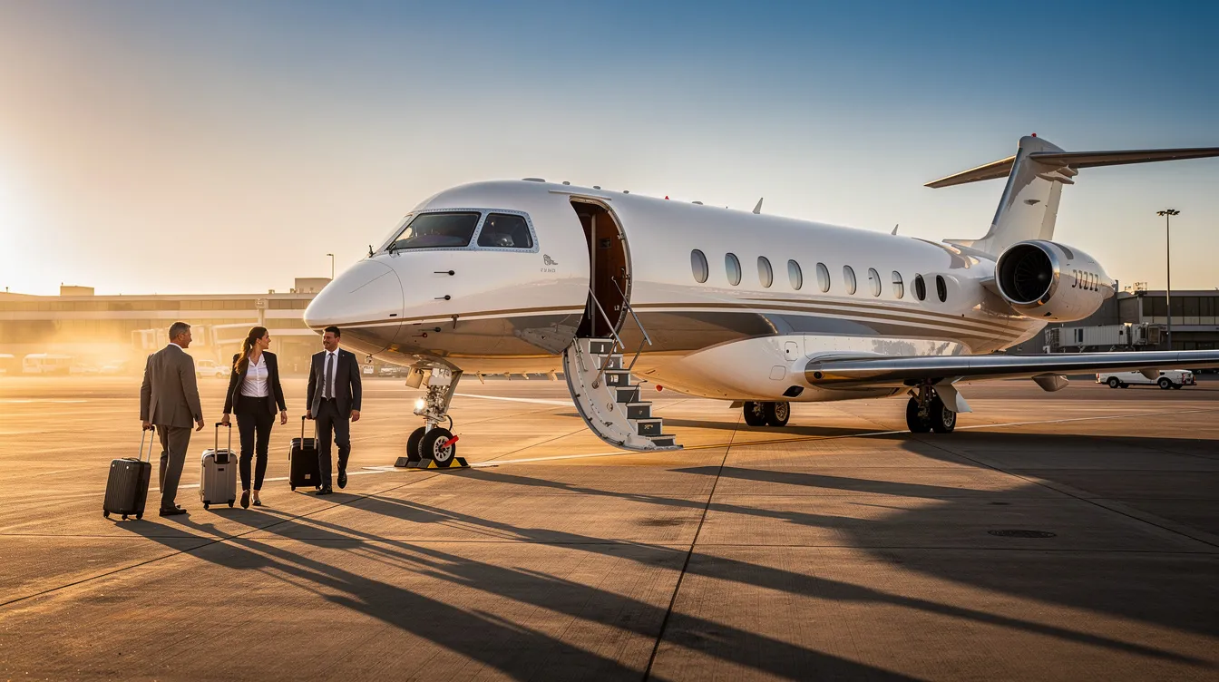 A sleek midsize private jet is parked on the airport tarmac, with passengers walking toward the aircraft stairs, ready to embark on their private aviation journey. This scene reflects the convenience and luxury of fractional jet ownership, allowing multiple owners to enjoy the benefits of private jet travel.