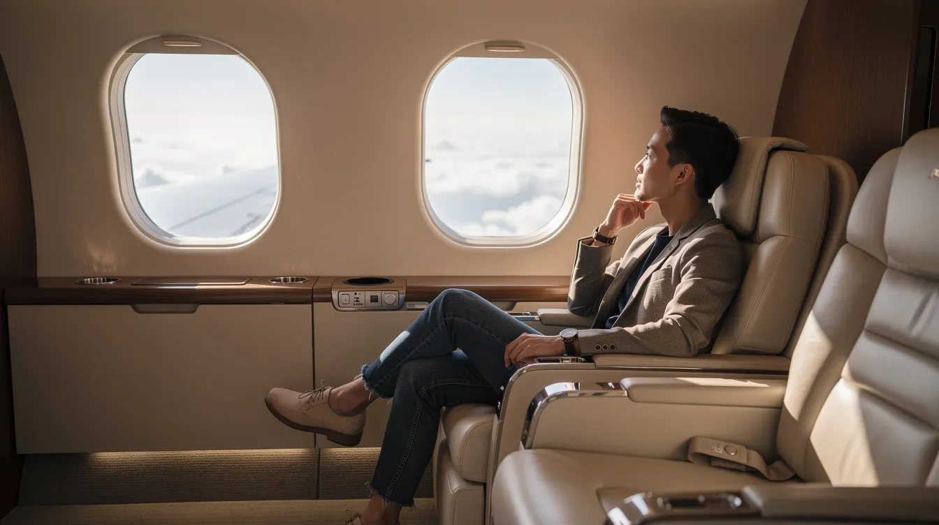 A relaxed traveler is seated comfortably in a luxurious private jet cabin, gazing out the window at the clouds below. This serene atmosphere highlights the perks of private aviation, showcasing the comfort and exclusivity that fractional jet ownership can provide.