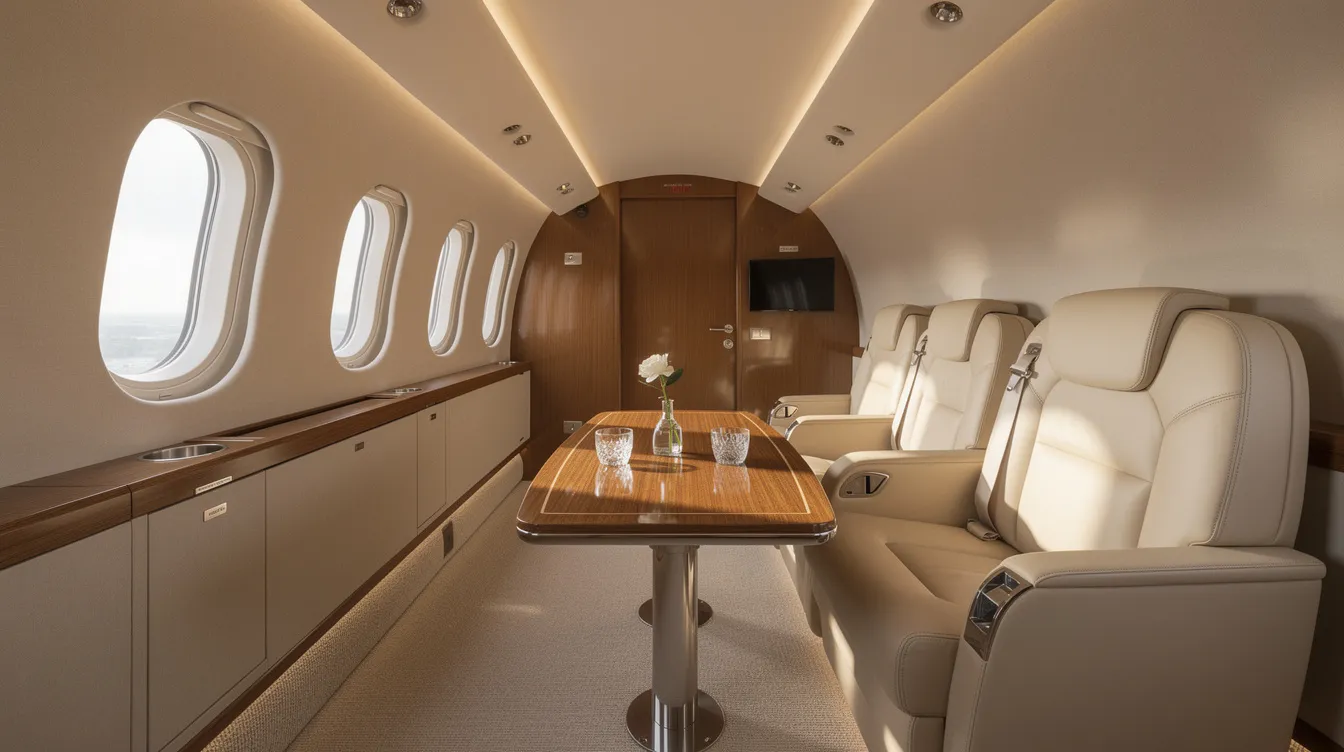 The image depicts the interior of a luxurious private jet cabin featuring plush leather seats and a small table, ideal for fractional jet ownership programs. This elegant setting highlights the comfort and sophistication associated with private aviation, catering to fractional owners seeking a premium travel experience.