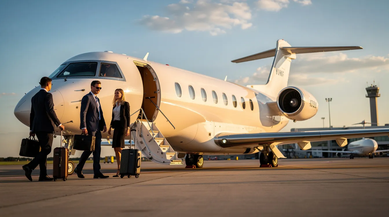 A private jet is parked on the airport tarmac, while business travelers approach it, illustrating the convenience of private aviation. This scene highlights the benefits of fractional jet ownership, allowing multiple owners to share the costs and experience of flying privately.