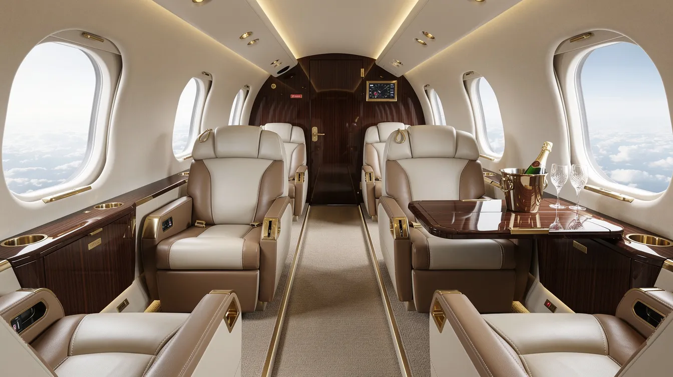 The image depicts a luxurious private jet cabin featuring plush leather seats and elegant wood finishes, embodying the essence of private aviation. This opulent interior showcases the comfort and sophistication that fractional jet ownership can offer to multiple owners seeking a premium travel experience.