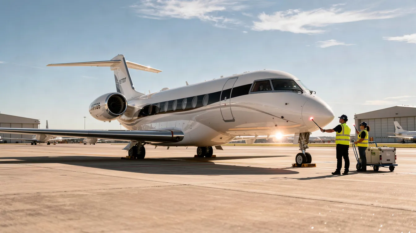 A sleek private jet is parked on a sunny airport tarmac, with ground crew members nearby attending to the aircraft. This scene highlights the luxury of private aviation and the importance of proper aircraft maintenance for business aircraft owners.
