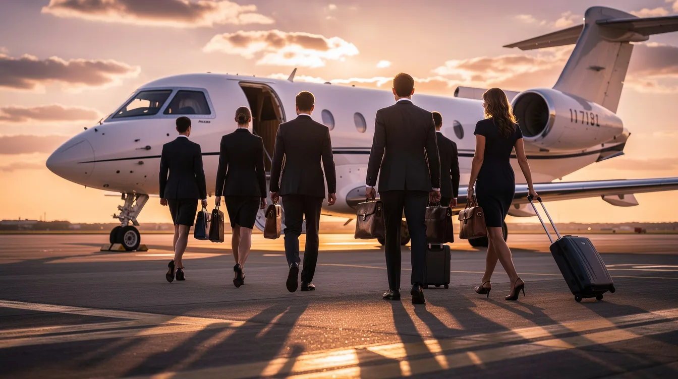 A group of business professionals is walking toward a private jet on an airfield during sunset, highlighting the allure of private aircraft ownership. The scene captures the essence of private aviation, where the jet symbolizes both luxury and the potential tax benefits associated with aircraft depreciation for business purposes.