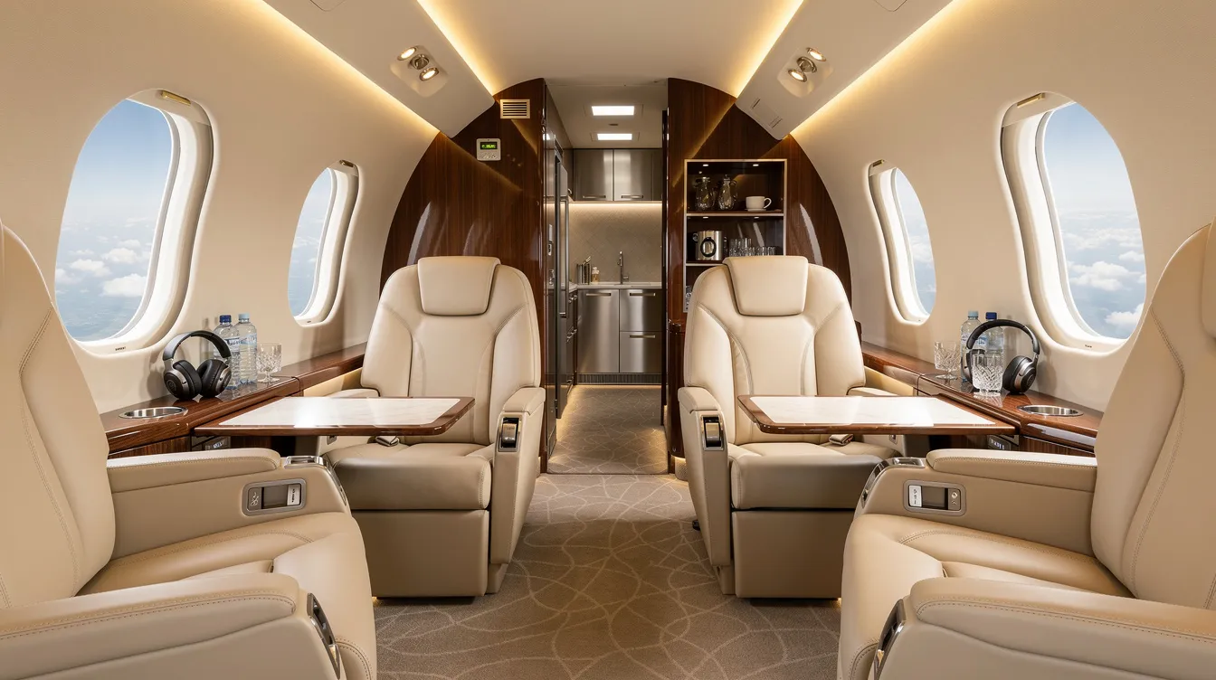The image depicts the interior of a luxurious private jet cabin, featuring plush leather seats and modern amenities designed for comfort and convenience. This well-maintained private aircraft exemplifies the high standards of the private aviation industry, catering to both personal and business use.