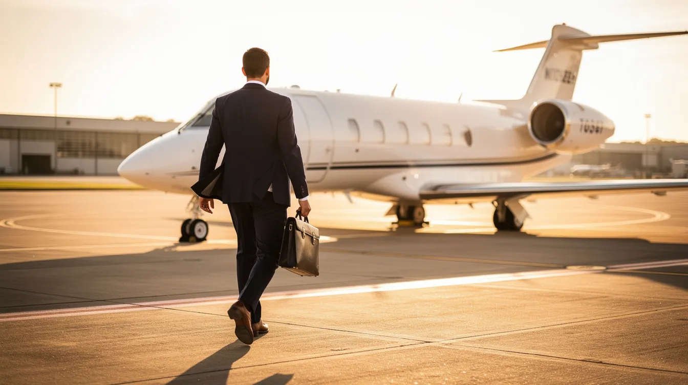 A business professional in a suit strides confidently towards a small private jet, carrying a briefcase, symbolizing the ease and convenience of private aviation and fractional jet ownership. This scene highlights the benefits of fractional ownership programs, which offer guaranteed aircraft availability and access to private jets for efficient travel.