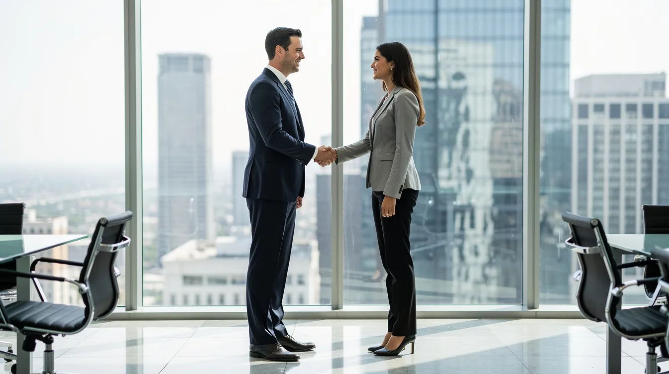 Two business professionals are shaking hands in front of a large office window, showcasing a vibrant city skyline. This scene reflects the essence of private aviation and the importance of partnerships in fractional jet ownership programs, emphasizing collaboration in the world of aircraft management and ownership.