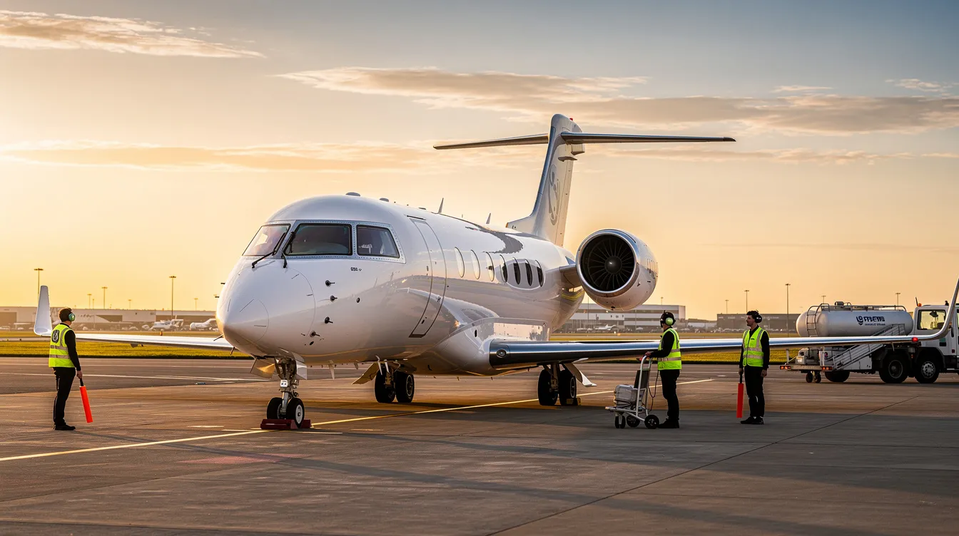 A sleek white private jet is parked on an airport tarmac, bathed in the warm glow of golden hour, with ground crew members attending to it nearby. This scene evokes the luxury of private aviation, highlighting the allure of fractional jet ownership and the convenience it offers for travelers seeking guaranteed aircraft availability.