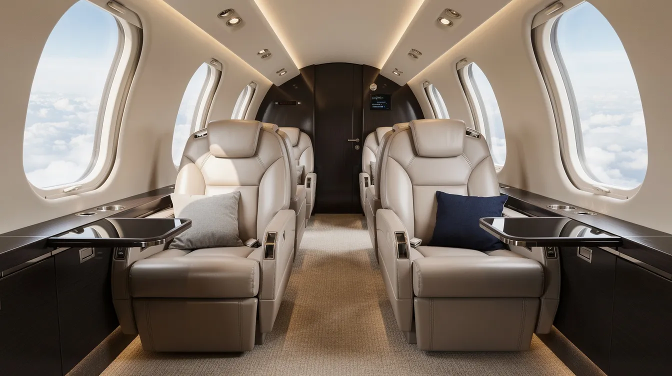 The image shows the luxurious interior of a modern private jet cabin, featuring plush leather seats arranged for comfort and style. This elegant space exemplifies the benefits of fractional jet ownership, providing a personalized and exceptional private aviation experience for its users.