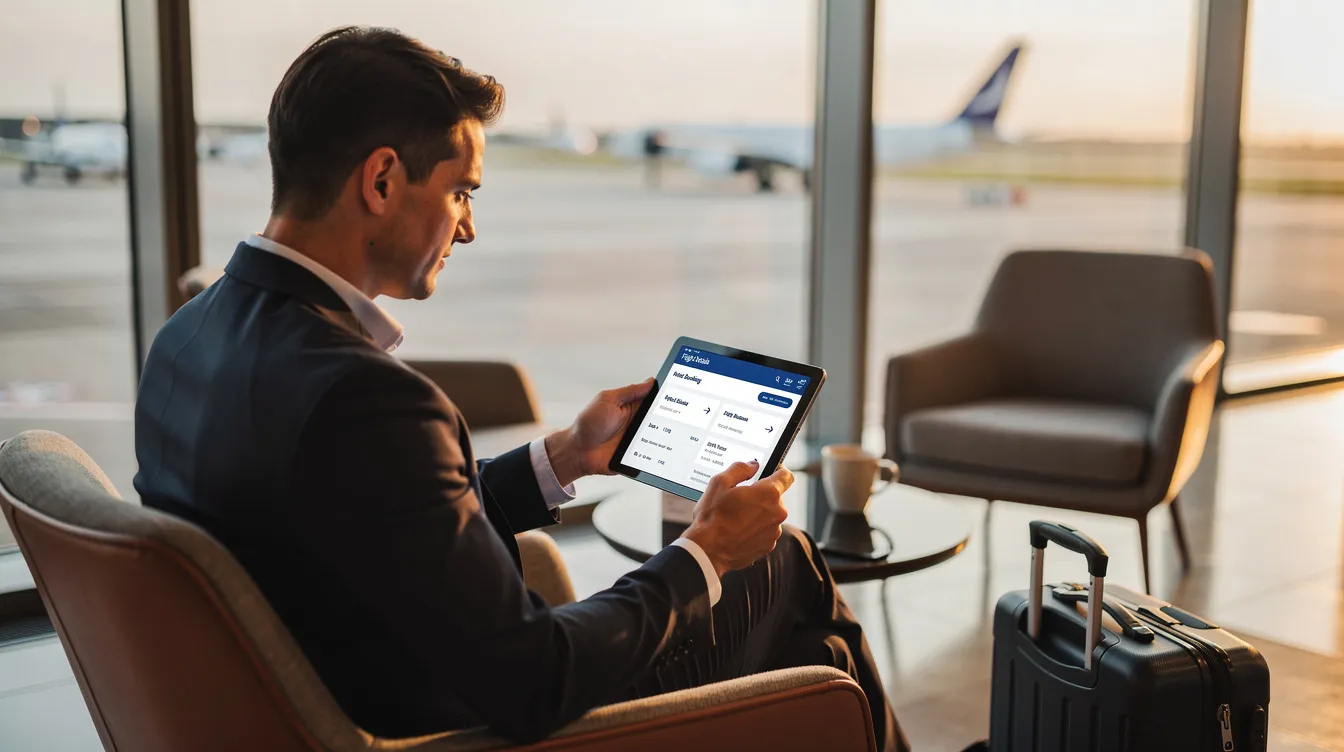 A business professional is seated in an airport lounge, intently reviewing travel details on a tablet, likely related to fractional jet ownership options. The scene conveys a sense of efficiency and focus, emphasizing the benefits of private aviation for frequent flyers.