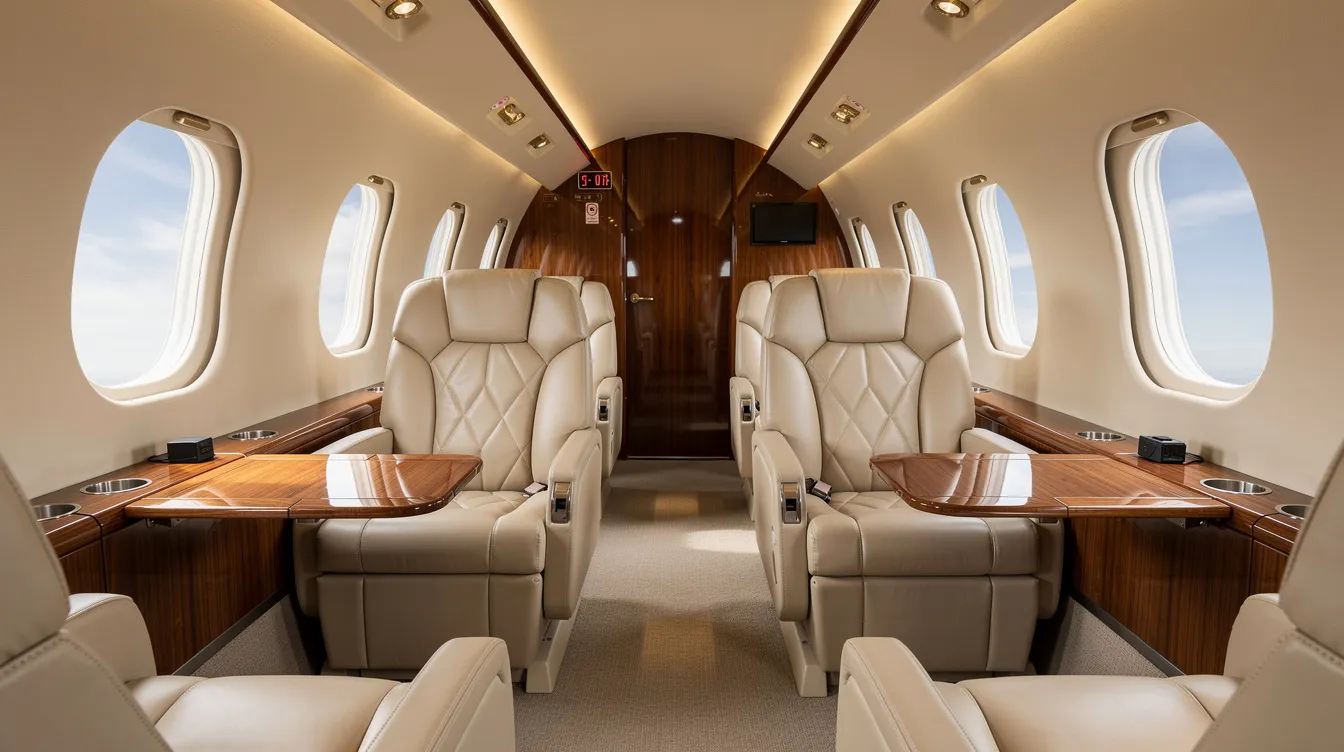 The image depicts a luxurious private jet interior featuring plush leather seats and elegant wood trim, designed for comfort and sophistication. This setting exemplifies the high standards of private aviation, appealing to fractional owners seeking premium experiences in fractional aircraft ownership.
