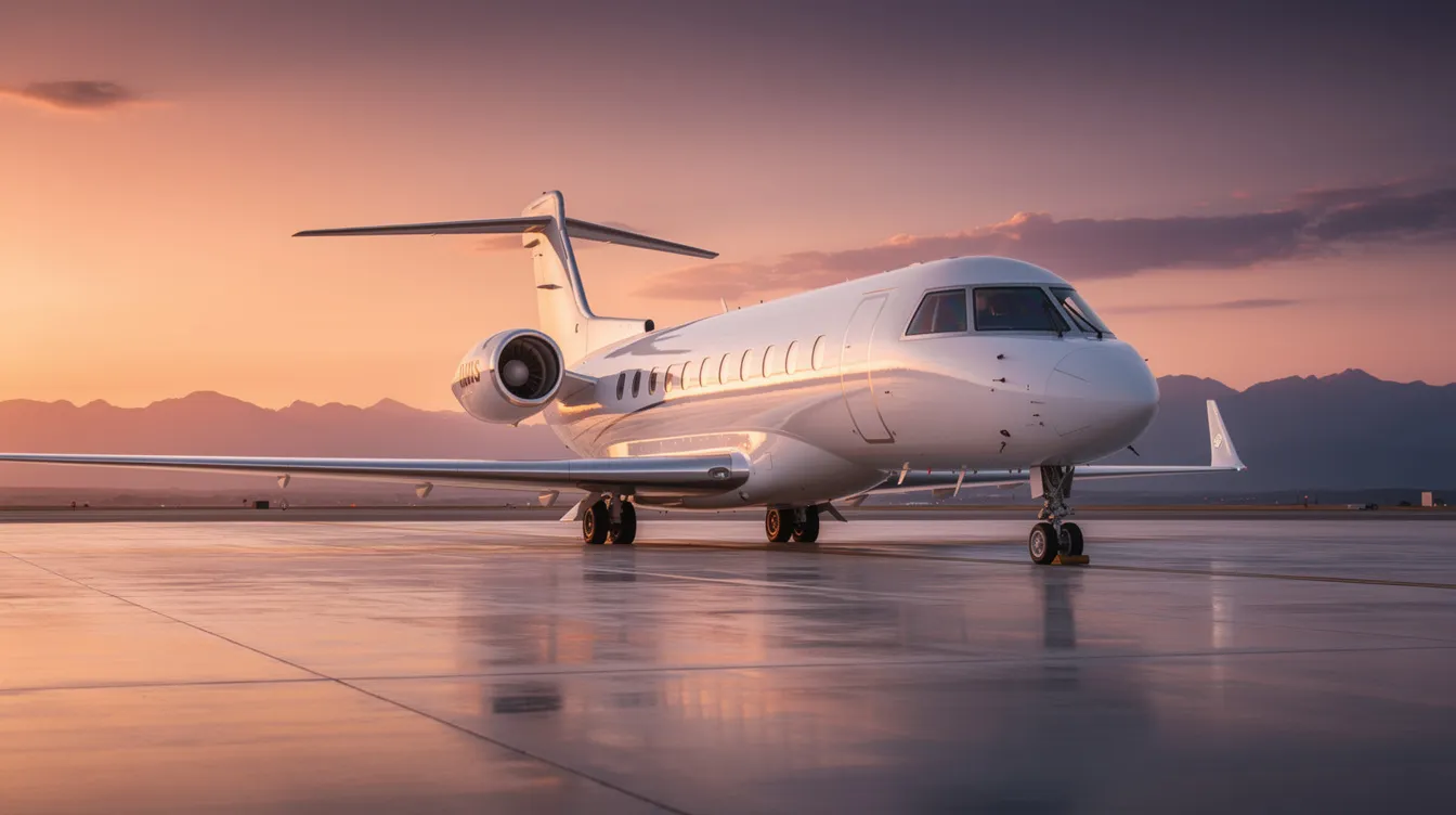 A private jet is parked on the tarmac at sunset, with majestic mountains in the background, symbolizing the luxury and exclusivity of private aviation. This image captures the essence of fractional ownership, showcasing the appeal of accessing high-end aircraft without the full investment of ownership.