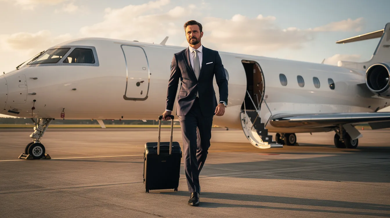 A business executive in a tailored suit confidently walks towards a sleek private aircraft, symbolizing the allure of private aviation and fractional jet ownership. This scene captures the essence of luxury travel, highlighting the advantages of fractional ownership programs for those seeking guaranteed access to high-end aircraft without the full financial commitment of outright ownership.