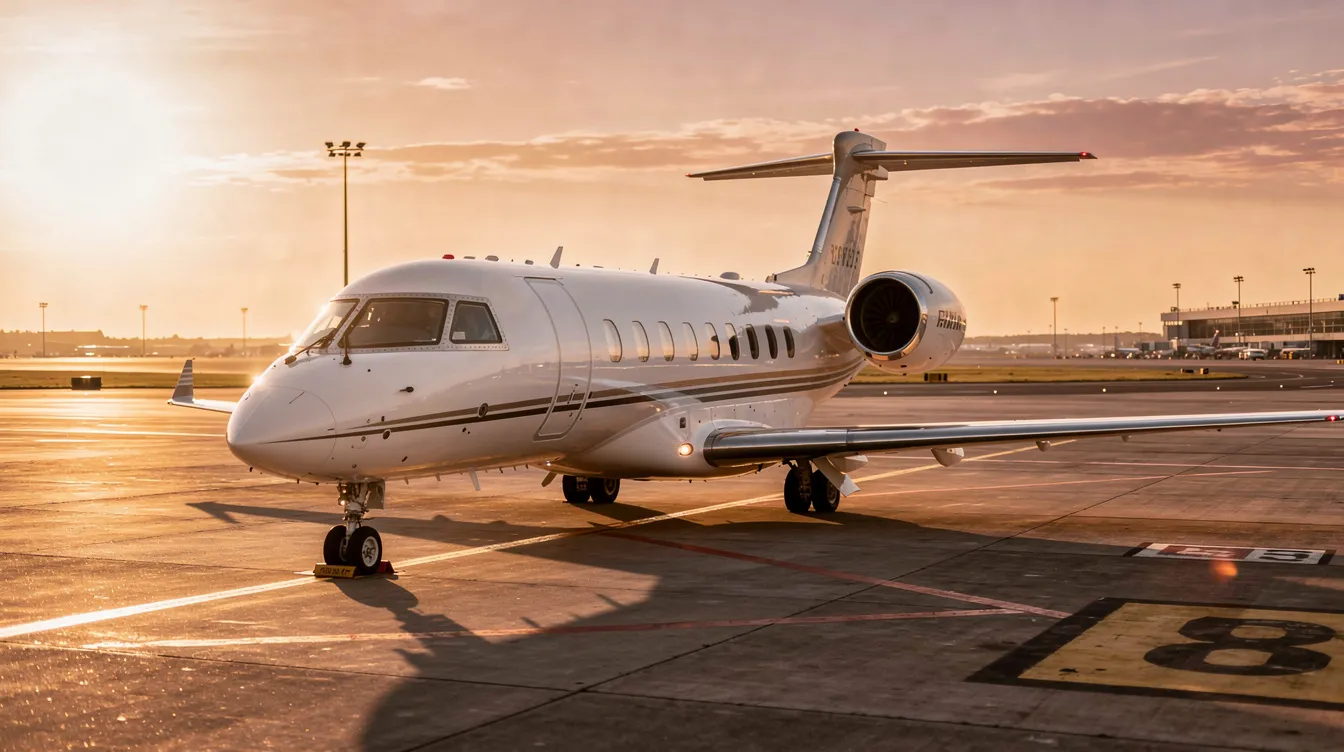 A private jet is parked on the airport tarmac, silhouetted against a vibrant sunset sky, showcasing the allure of private aviation. This scene symbolizes the advantages of fractional jet ownership, offering fractional owners a luxurious travel experience with guaranteed access to the same aircraft.