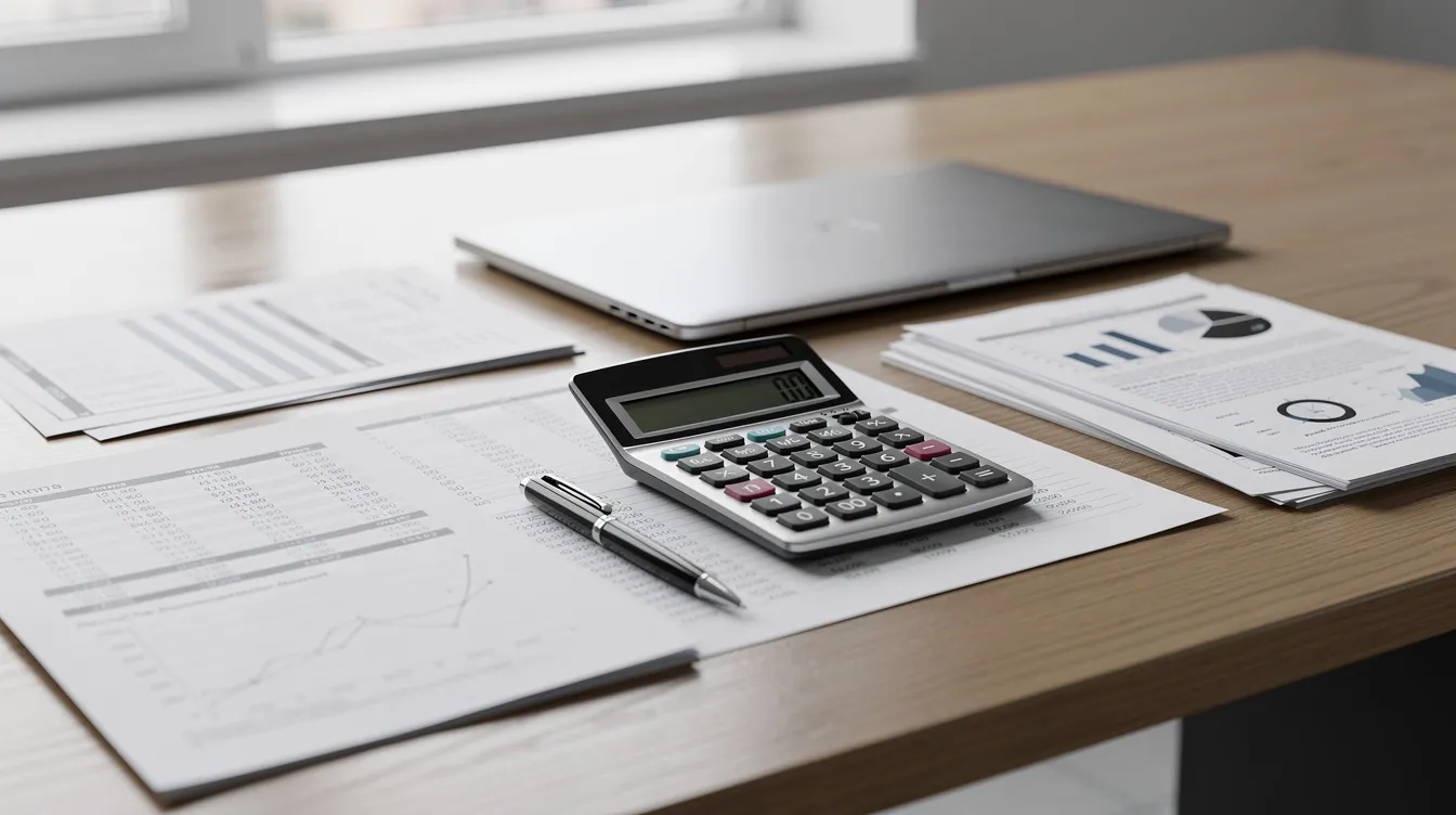 The image shows a calculator alongside various financial documents spread out on an office desk, suggesting an analysis of costs related to fractional jet ownership. This setup implies a focus on managing expenses, such as monthly management fees and operational costs, for private aviation and fractional ownership programs.