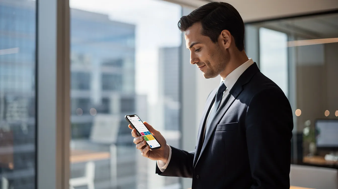 A business professional stands near a window, intently looking at their smartphone calendar, likely planning for upcoming meetings or appointments. The scene suggests a focus on organization and time management, essential for navigating the complexities of property ownership and investment strategies in the real estate market.