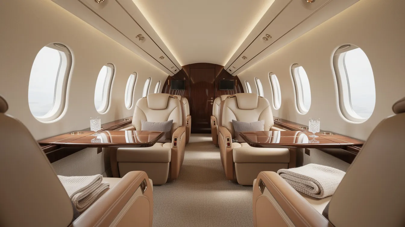 The image depicts the interior of a luxury private jet cabin, featuring plush leather seats arranged for comfort and natural lighting that enhances the elegant atmosphere. This setting exemplifies high-value assets often associated with fractional ownership arrangements, where multiple owners can enjoy the benefits of such exclusive travel experiences.