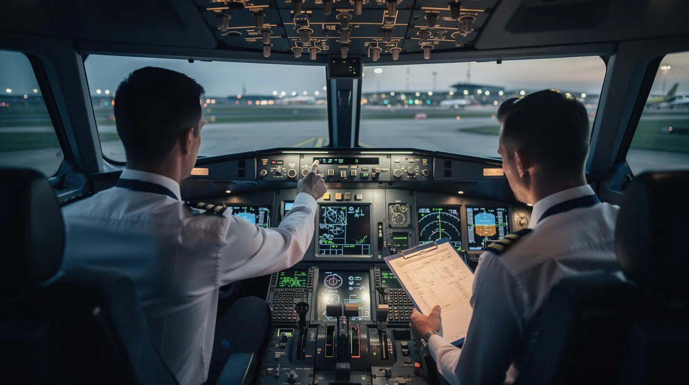 The image shows two pilots in a cockpit, focused on reviewing flight information on their screens before takeoff. The scene highlights the importance of teamwork and coordination, akin to co-owners in a fractional ownership arrangement, as they prepare for a successful flight.