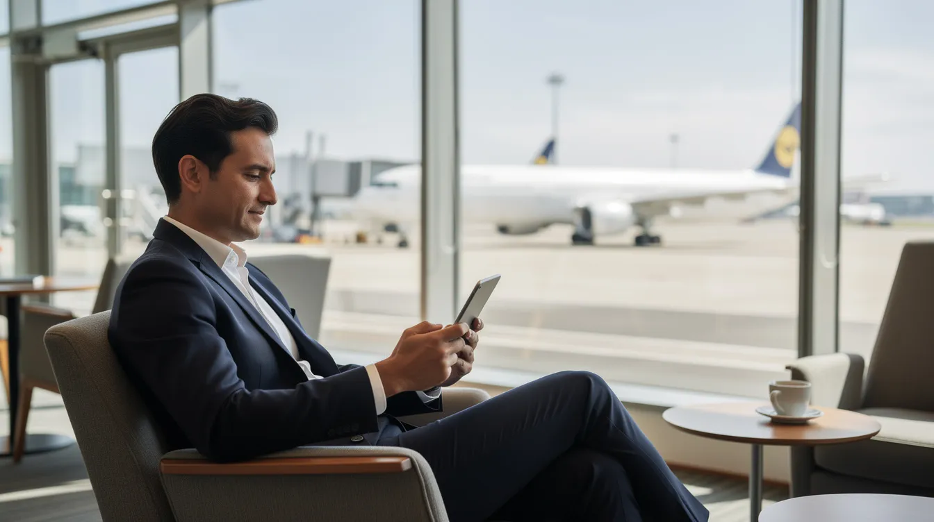 A business professional is seated in an airport lounge, using a tablet device to manage their aircraft ownership and schedule, while large windows reveal various aircraft outside. The scene highlights the convenience of accessing vital aircraft management data and communication tools in a secure environment.