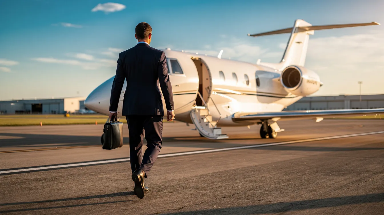 A business professional walks confidently toward a small private jet on a sunny runway, symbolizing the allure of fractional jet ownership and the convenience of private aviation. The scene reflects the growing interest in fractional aircraft ownership programs, providing access to a diverse fleet for efficient travel plans.