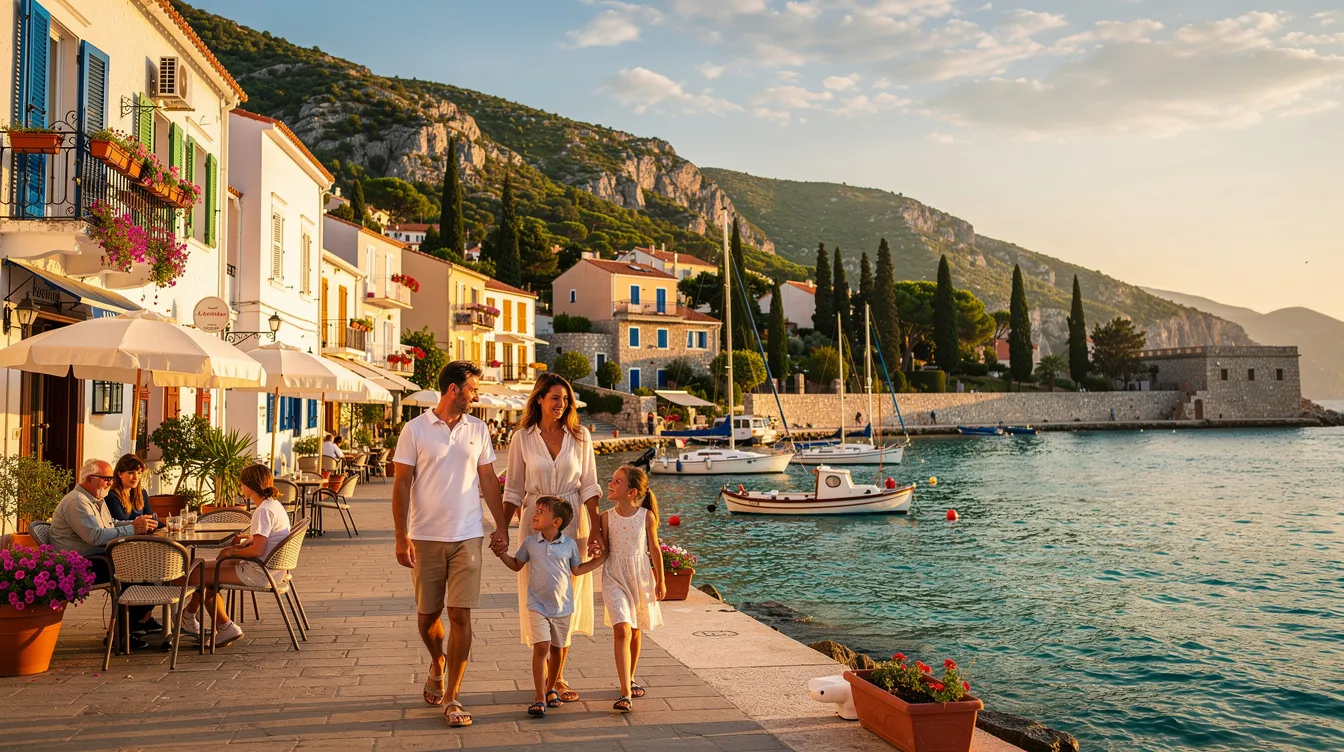 A family of four strolls along a charming Mediterranean coastal town, with picturesque hills rising in the background, creating a serene atmosphere. The scene captures the essence of shared moments, much like fractional ownership in private aviation, where families can enjoy the benefits of private jet travel without the full ownership costs.