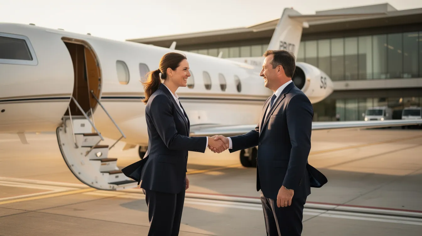 A business professional is shaking hands near a luxurious private jet at an FBO facility, symbolizing the exclusive nature of private aviation. This scene highlights the world of private jet ownership, where discerning travelers often seek the benefits of flying private for business or leisure.