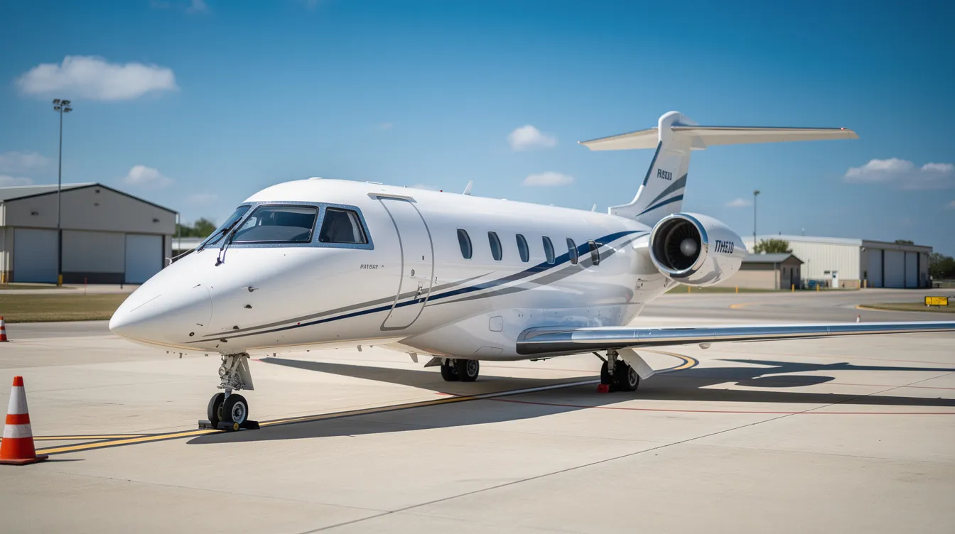 A light business jet is parked on a tarmac at a regional airport under a clear blue sky, showcasing the sleek design typical of luxury private jets. This image highlights the appeal of private aviation, offering discerning travelers an alternative to commercial flights for their business travel needs.