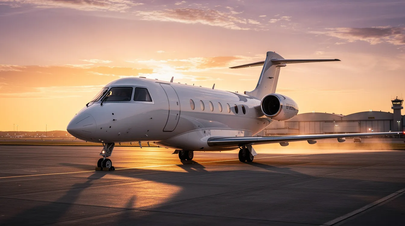 A modern private jet is parked on the airport tarmac, illuminated by the warm hues of a sunset. This sleek jet represents the luxurious world of private aviation, where options like private jet charter and fractional ownership provide tailored travel experiences.