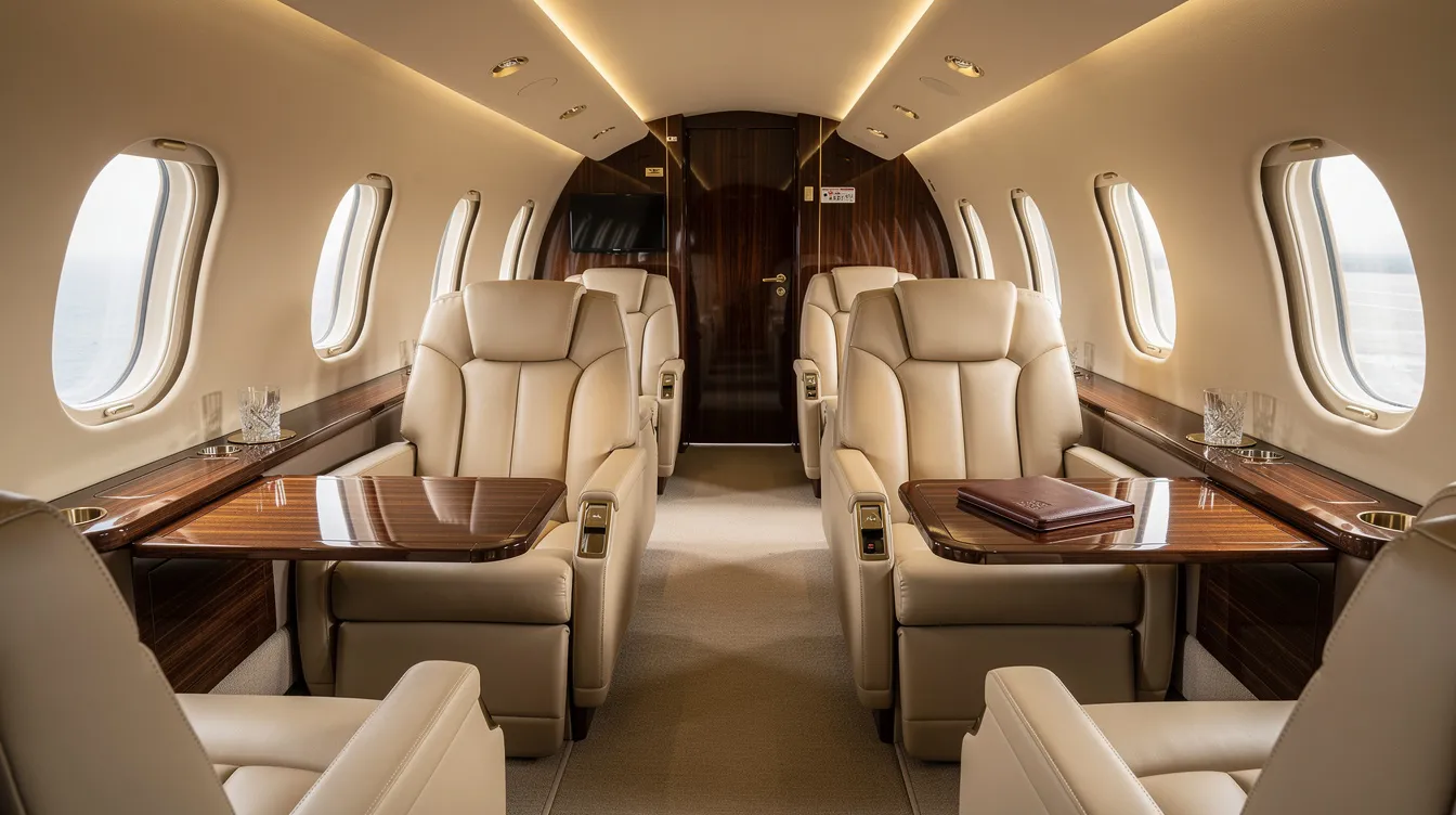 The image showcases a luxurious private jet interior featuring comfortable seating and elegant wood trim, highlighting the opulence associated with private aircraft ownership. This sophisticated space is designed for multiple passengers, offering a perfect blend of style and comfort for private jet charter experiences.